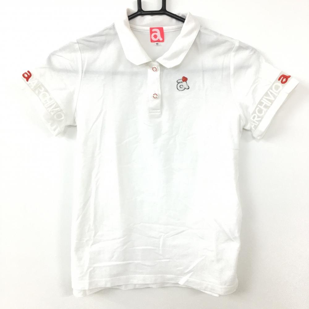 archivio アルチビオ 半袖ポロシャツ 白×レッド 袖一部レース ビーズロゴ レディース 36 ゴルフウェア