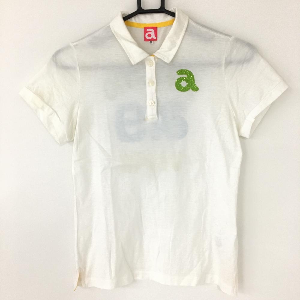 アルチビオ 半袖ポロシャツ 白×ライトグリーン ラインストーンロゴ コットン100％ レディース 38 ゴルフウェア archivio