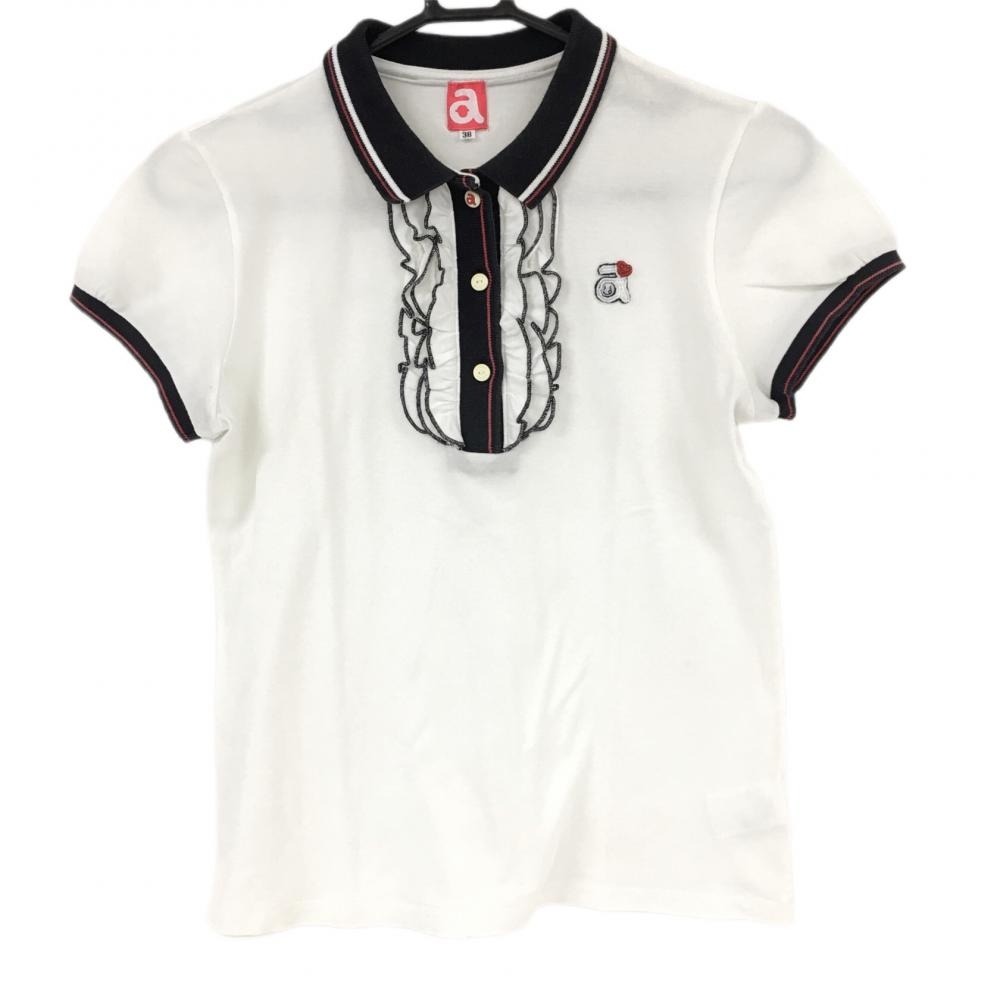 アルチビオ 半袖ポロシャツ 白×ネイビー フリル ビーズ コットン混  レディース 38 ゴルフウェア archivio