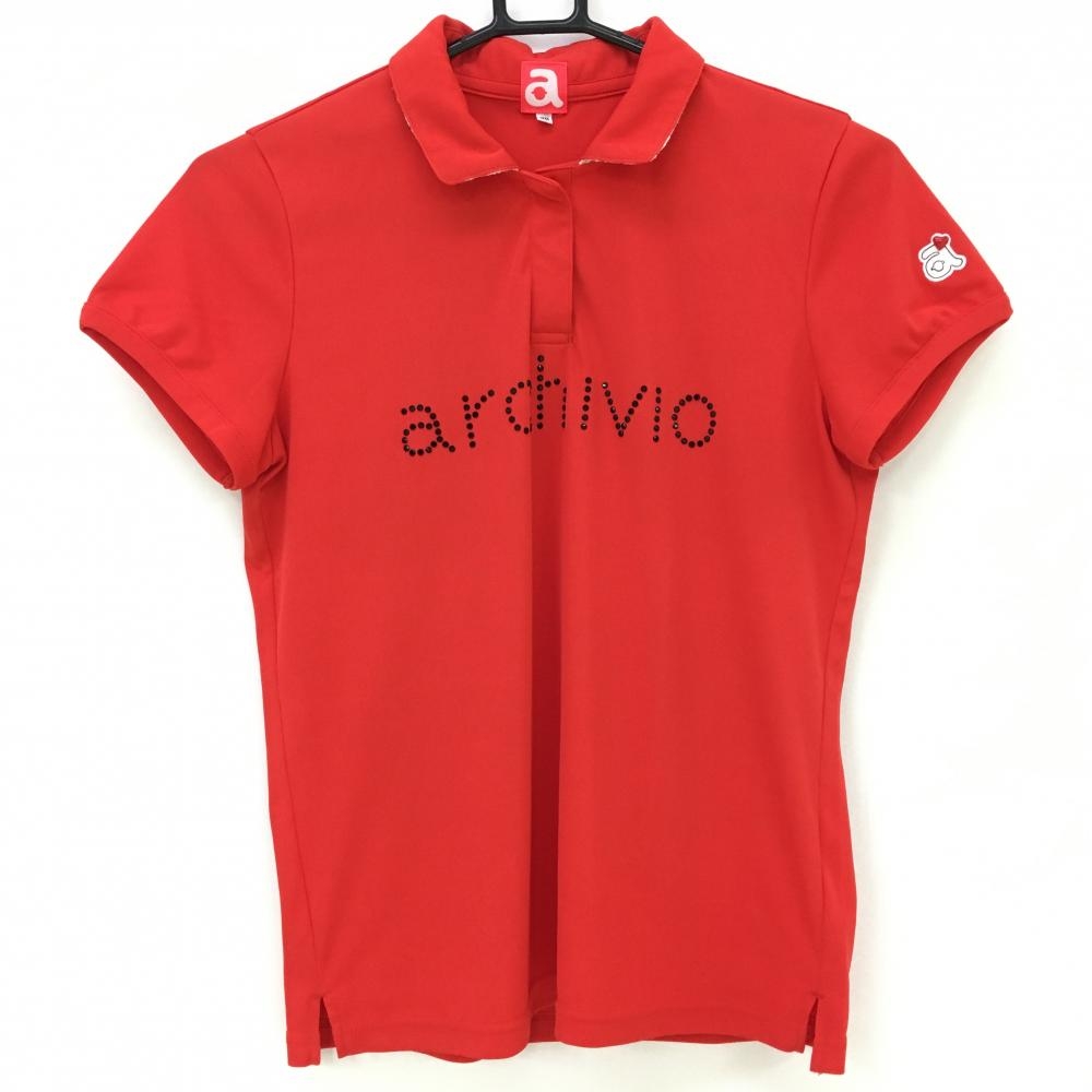 アルチビオ 半袖ポロシャツ レッド×黒 襟裏レース ラインストーンロゴ レディース 38 ゴルフウェア archivio
