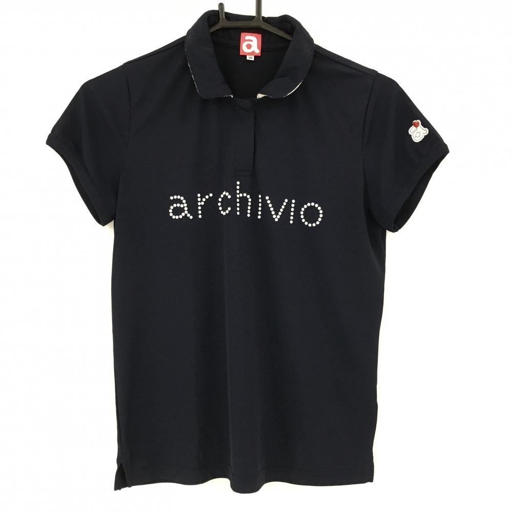 アルチビオ 半袖ポロシャツ ネイビー×白 襟裏レース ラインストーンロゴ  レディース 38 ゴルフウェア archivio