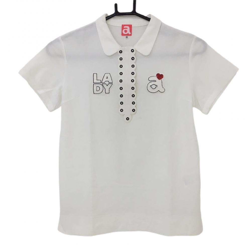 アルチビオ 半袖ポロシャツ 白×黒 前立て異素材 一部合皮 スパンコールロゴ  レディース 36 ゴルフウェア archivio