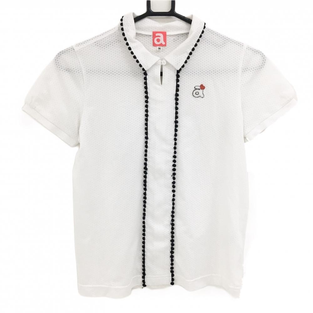 アルチビオ 半袖ポロシャツ 白×黒 メッシュ生地 スキッパー ビーズロゴ レディース 36(S) ゴルフウェア archivio