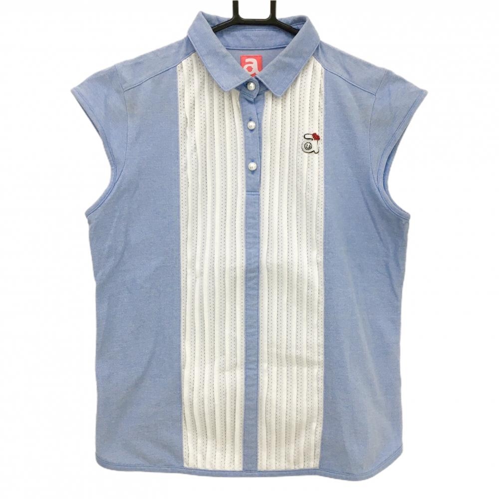 アルチビオ 半袖ポロシャツ ライトブルー×白 白地メッシュ パール調ボタン ビーズロゴ  レディース 38(M) ゴルフウェア archivio