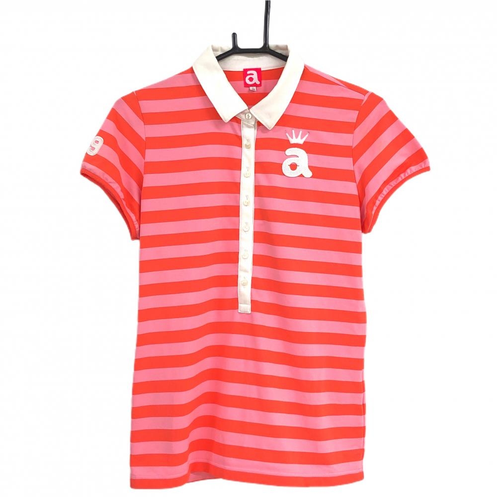 【美品】アルチビオ 半袖ポロシャツ ピンク×オレンジ ボーダー スパンコールワッペン レディース 40(L) ゴルフウェア archivio