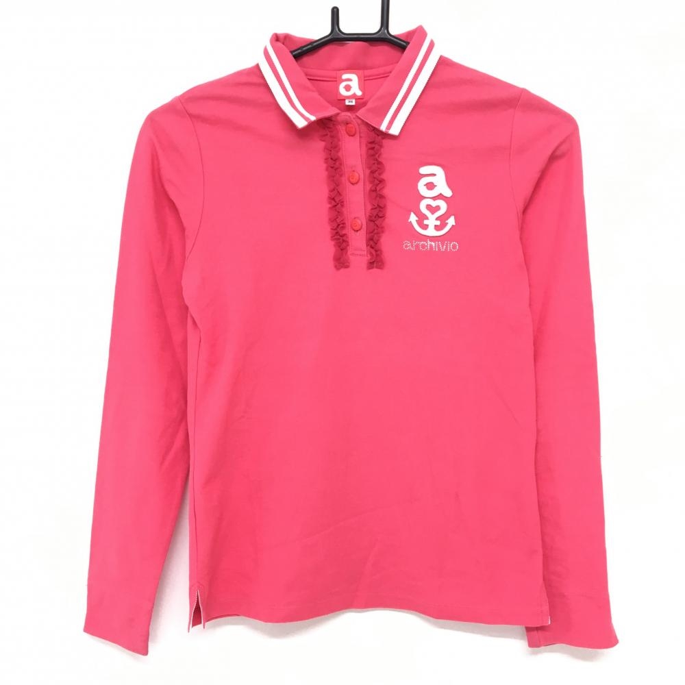 アルチビオ 長袖ポロシャツ ピンク×白 襟ライン フリル  レディース 36 ゴルフウェア archivio
