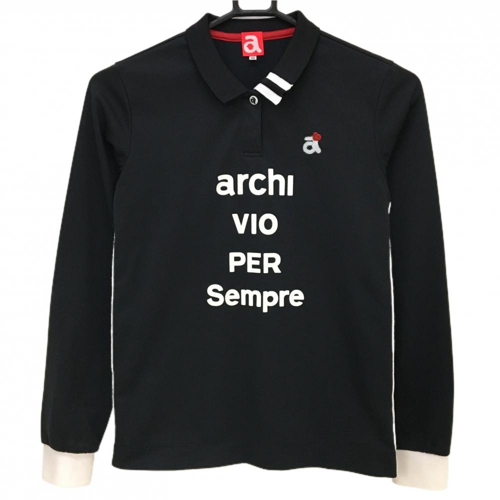 【美品】アルチビオ 長袖ポロシャツ 黒 フェルトロゴ  レディース 36(S) ゴルフウェア archivio