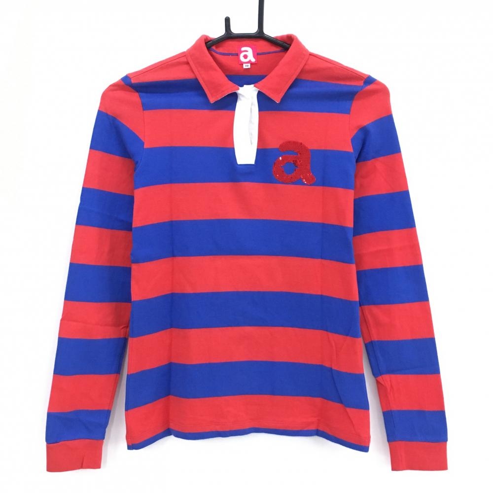 アルチビオ 長袖ポロシャツ レッド×ブルー ボーダー スパンコールロゴ レディース 38(M) ゴルフウェア archivio