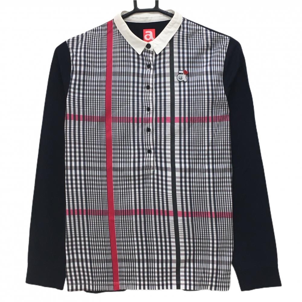 【美品】アルチビオ 長袖ポロシャツ ネイビー×白 前面チェック ロゴワッペン  レディース 38(M) ゴルフウェア archivio