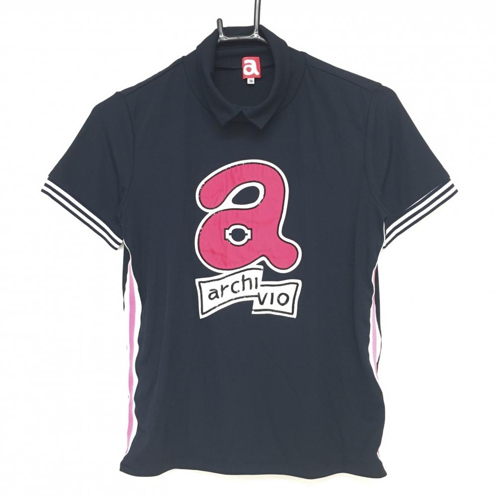 【超美品】アルチビオ 襟付きTシャツ ネイビー×ピンク ビッグロゴ サイドライン レディース 36 ゴルフウェア archivio