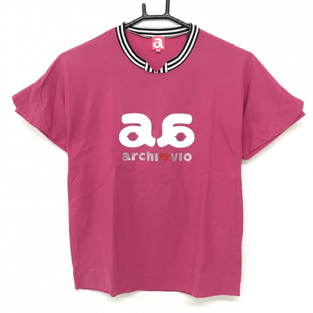 アルチビオ Tシャツ ピンク 袖フリル フロントロゴ ネックボーダー  レディース 38(M) ゴルフウェア archivio