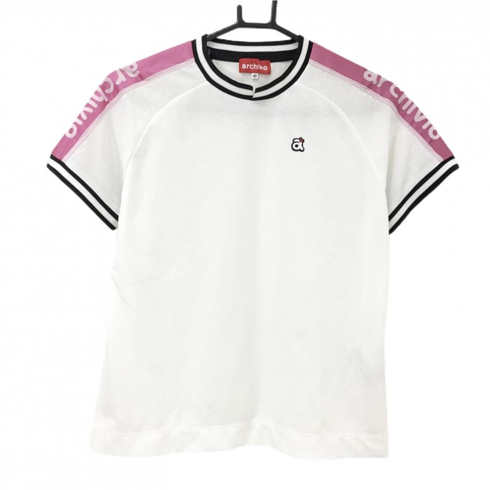 【超美品】アルチビオ Tシャツ 白×黒×ピンク 袖ロゴ レディース 40(L) ゴルフウェア archivio