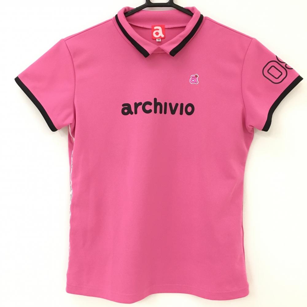 【美品】アルチビオ 襟付き半袖シャツ ピンク×黒 襟・袖ライン  レディース 38 ゴルフウェア archivio