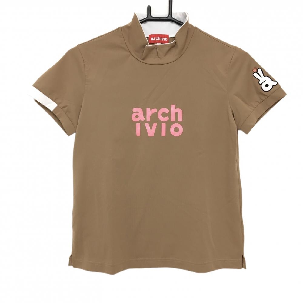 【超美品】アルチビオ 襟付き半袖シャツ ブラウン×白 フロントロゴ ストレッチ レディース 38(M) ゴルフウェア archivio