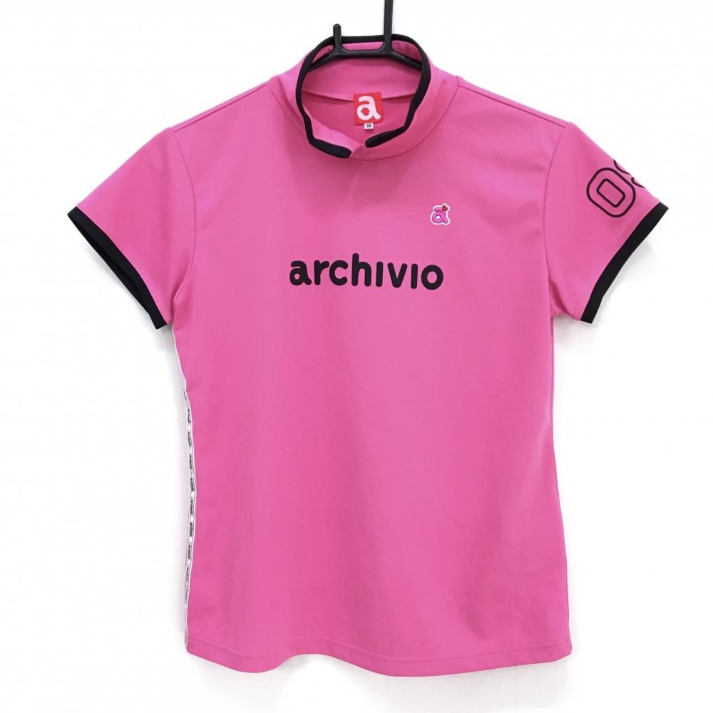【美品】アルチビオ 襟付き半袖シャツ ピンク×黒 フロントロゴプリント サイドライン  レディース 38(M) ゴルフウェア archivio