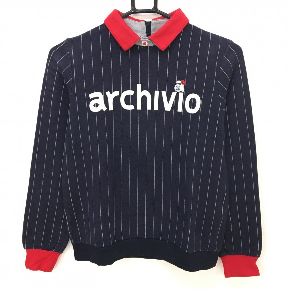 アルチビオ 襟付き長袖シャツ ネイビー×白×レッド ストライプ フロントロゴ  レディース 36(S) ゴルフウェア archivio