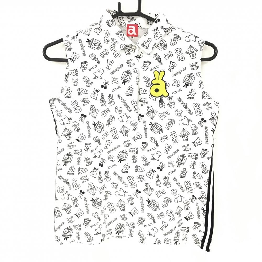 アルチビオ ノースリーブポロシャツ 白×黒 総柄 サイドライン スナップボタン レディース 36 ゴルフウェア archivio