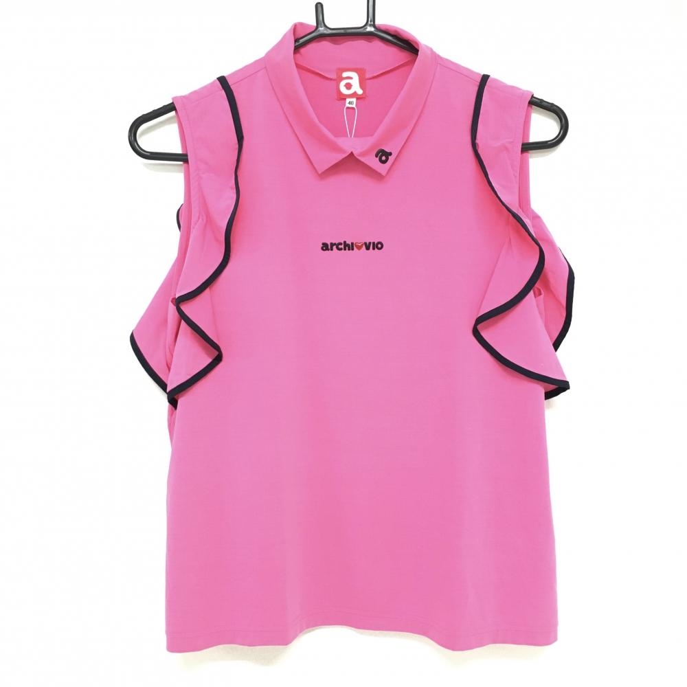 【新品】アルチビオ ノースリーブハイネックシャツ ピンク×黒 袖フリル ハート レディース 40 ゴルフウェア archivio