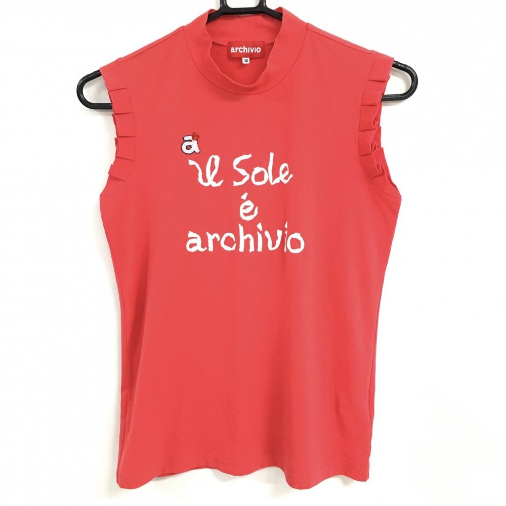 【超美品】アルチビオ ノースリーブハイネックシャツ レッドピンク 袖フリル レディース 38 ゴルフウェア archivio