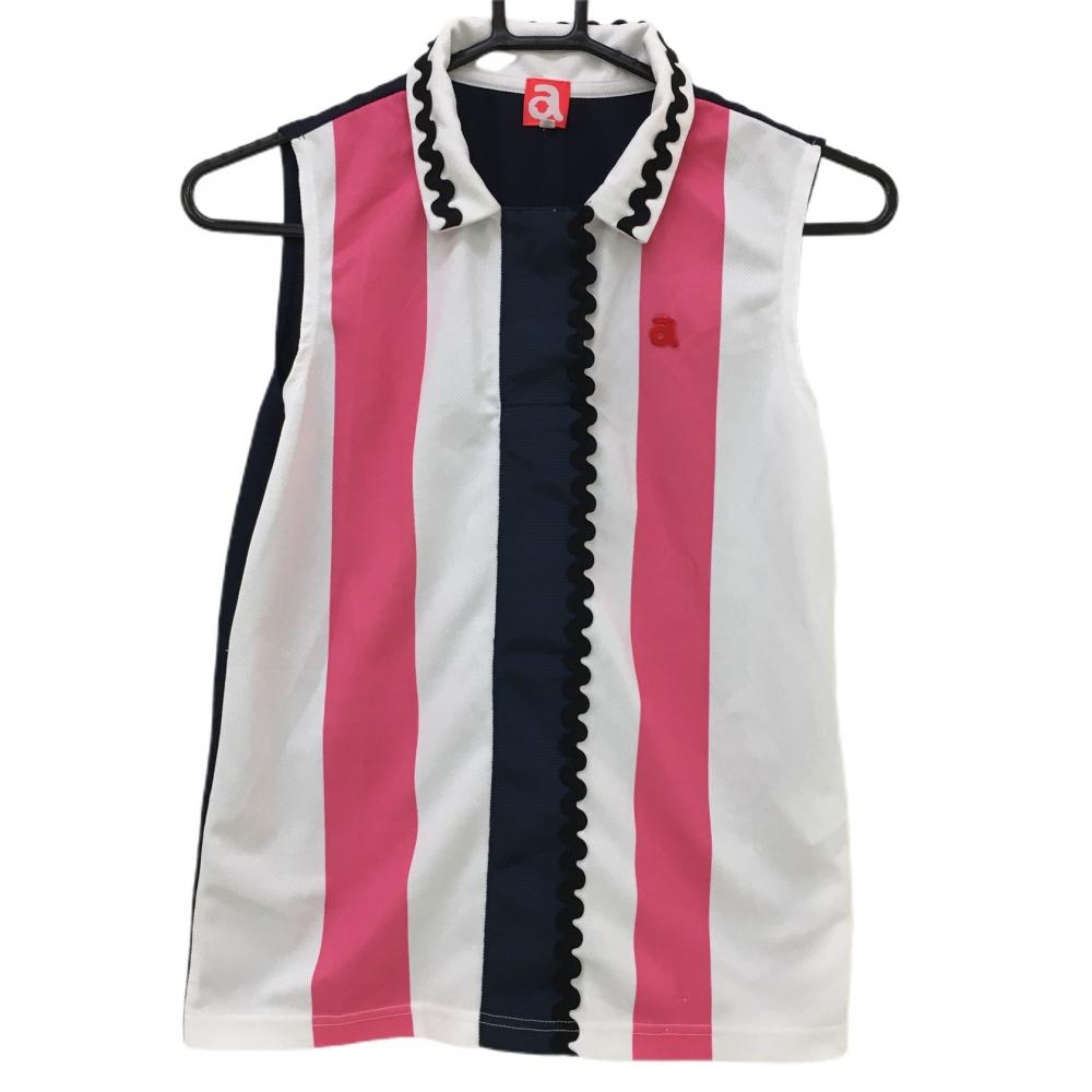 【美品】アルチビオ ノースリーブポロシャツ 白×ピンク 太ストライプ レディース 36 ゴルフウェア archivio
