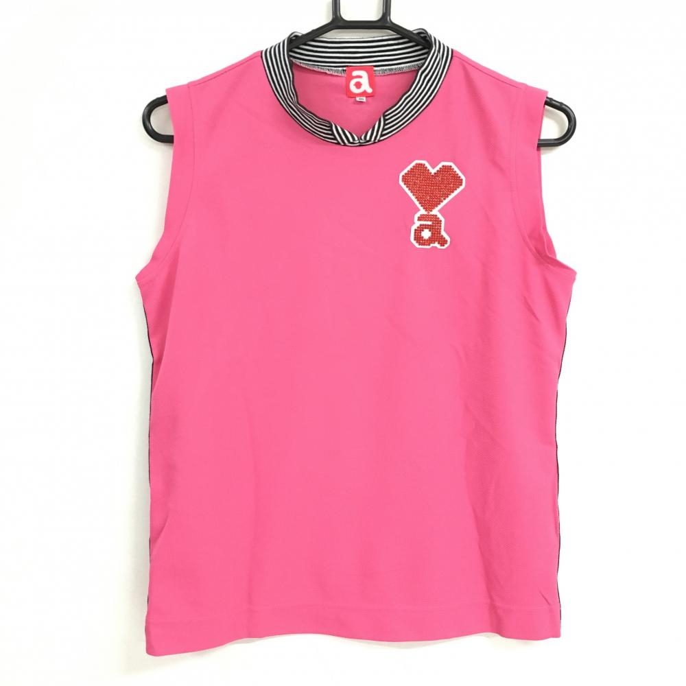 【美品】アルチビオ ノースリーブハイネックシャツ ピンク ネックボーダー ロゴラインストーン レディース 40(L) ゴルフウェア archivio