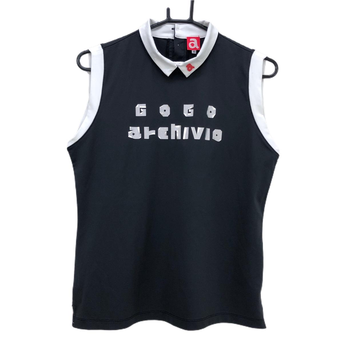 【超美品】アルチビオ 襟付きノースリーブシャツ 黒×白 フロントロゴ  レディース 40(L) ゴルフウェア archivio