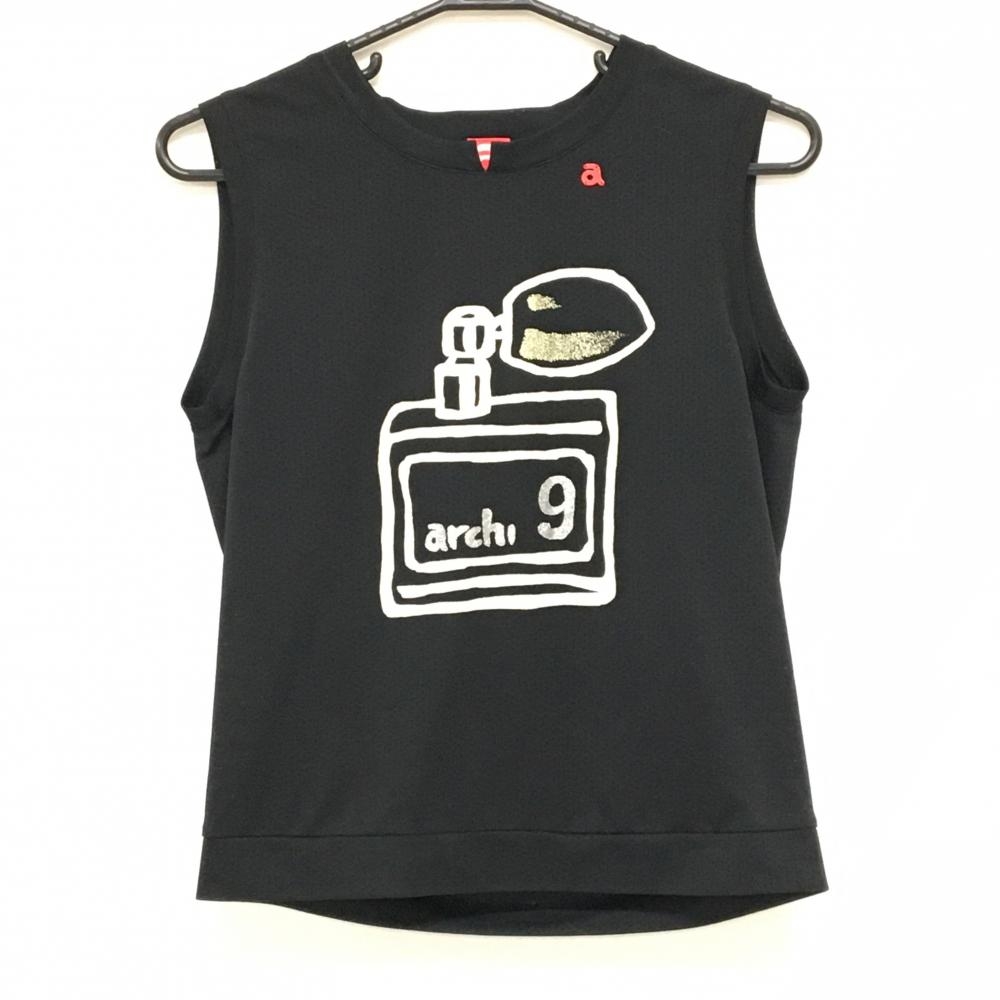 アルチビオ ノースリーブシャツ 黒×白 メッシュ生地 後ろプリーツ 香水プリント レディース 38(M) ゴルフウェア archivio