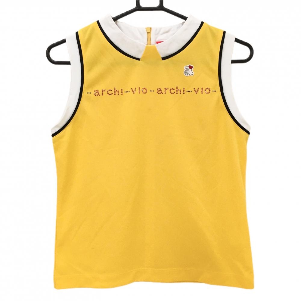 【美品】アルチビオ ノースリーブシャツ イエロー×白 ラインストーンロゴ 後ろハーフジップ レディース 38(M) ゴルフウェア archivio