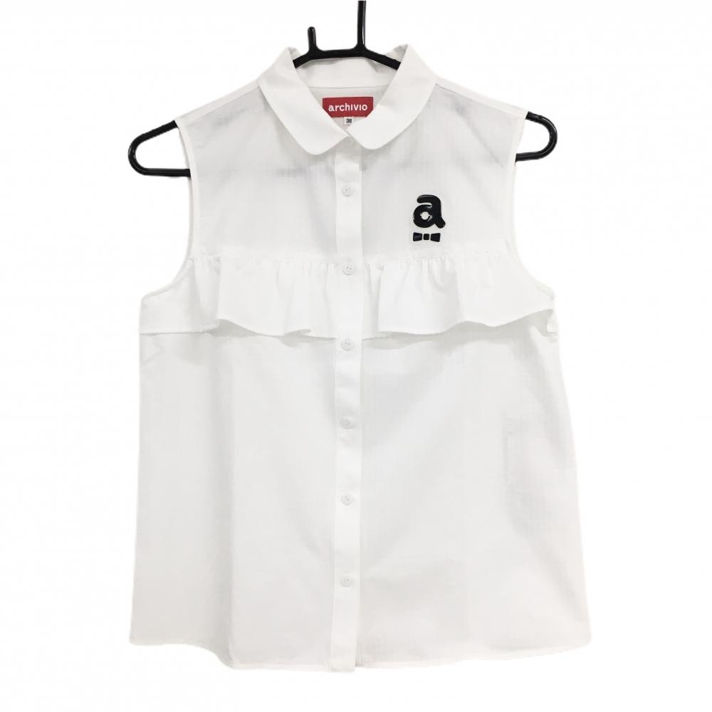 【新品】アルチビオ ノースリーブシャツ 白 ストライプ フリル 冷感  レディース 38(M) ゴルフウェア 2023年カタログ掲載モデル archivio