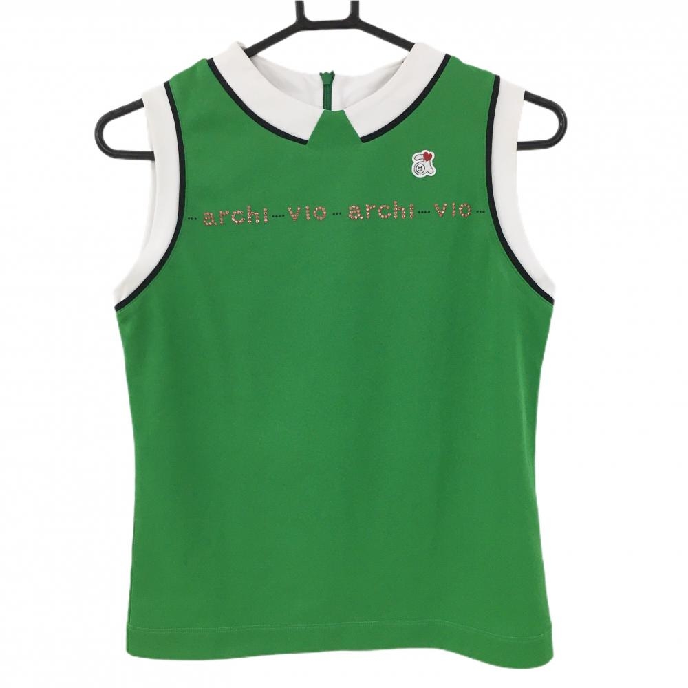 アルチビオ ノースリーブシャツ グリーン×白 後ジップ ラインストーン レディース 36(S) ゴルフウェア archivio