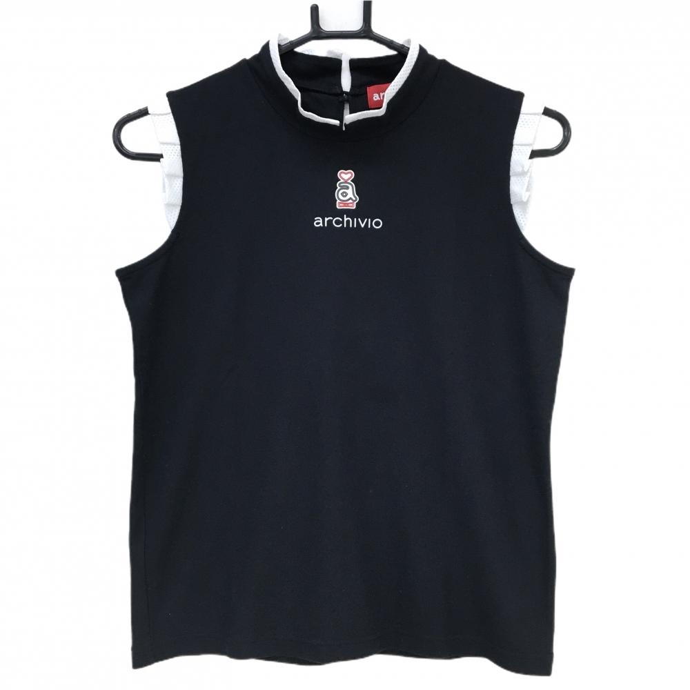 【美品】アルチビオ ノースリーブハイネックシャツ 黒 ロゴ白 切替部メッシュ レディース 36(S) ゴルフウェア archivio