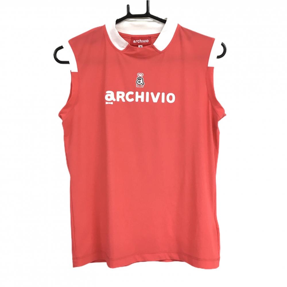 【超美品】アルチビオ ノースリーブシャツ レッドピンク系×白 フロントロゴプリント レディース 38(M) ゴルフウェア archivio