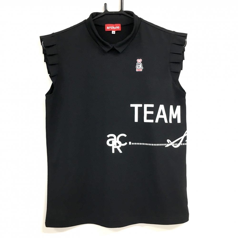 【超美品】アルチビオ ノースリーブハイネックシャツ 黒×白 袖フリル ロゴプリント レディース 38(M) ゴルフウェア archivio