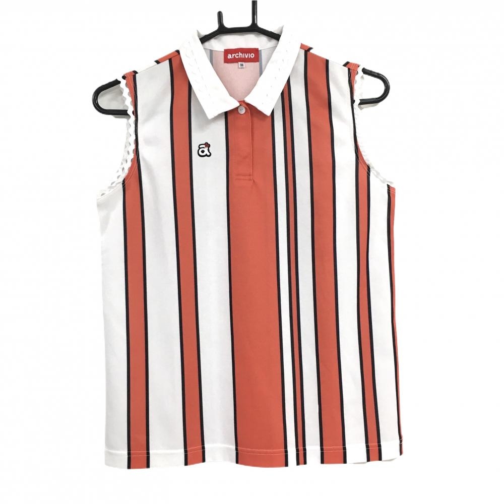 【美品】アルチビオ ノースリーブポロシャツ 白×サーモンピンク系×黒 ストライプ 胸ロゴ レディース 38(M) ゴルフウェア archivio