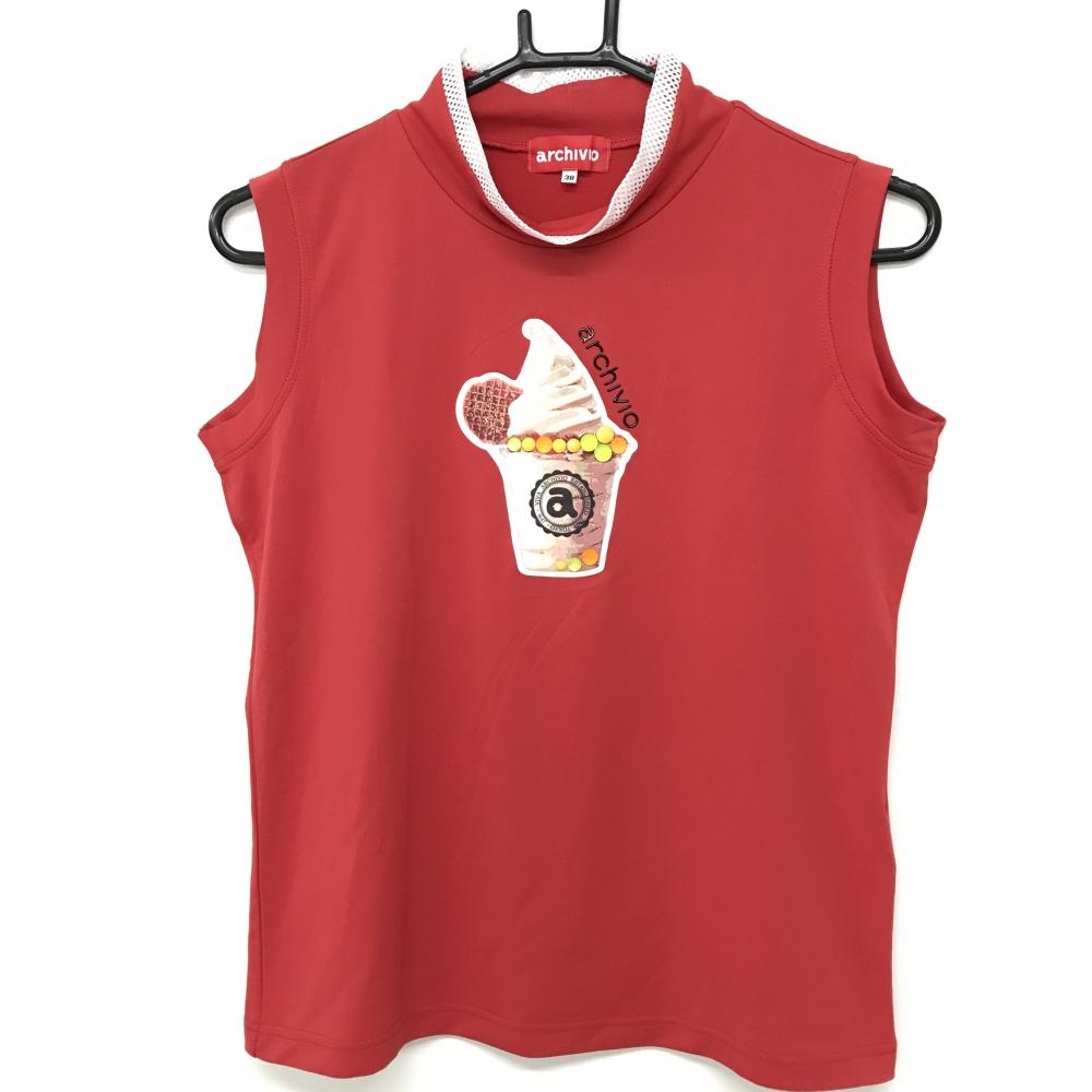 【超美品】アルチビオ ノースリーブハイネックシャツ レッド アイスクリーム柄 ネック縁メッシュ  レディース 38(M) ゴルフウェア archivio