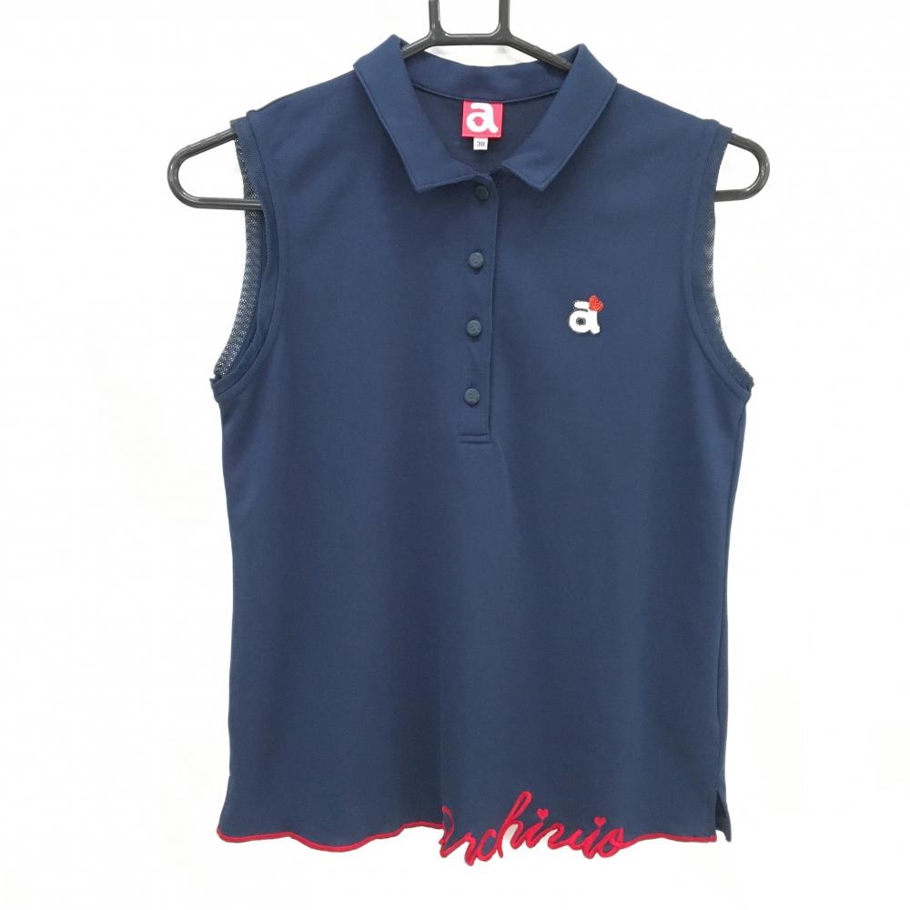 【超美品】アルチビオ ノースリーブポロシャツ ネイビー 胸ロゴビーズ 裾ロゴ刺しゅう レディース 38(M) ゴルフウェア archivio