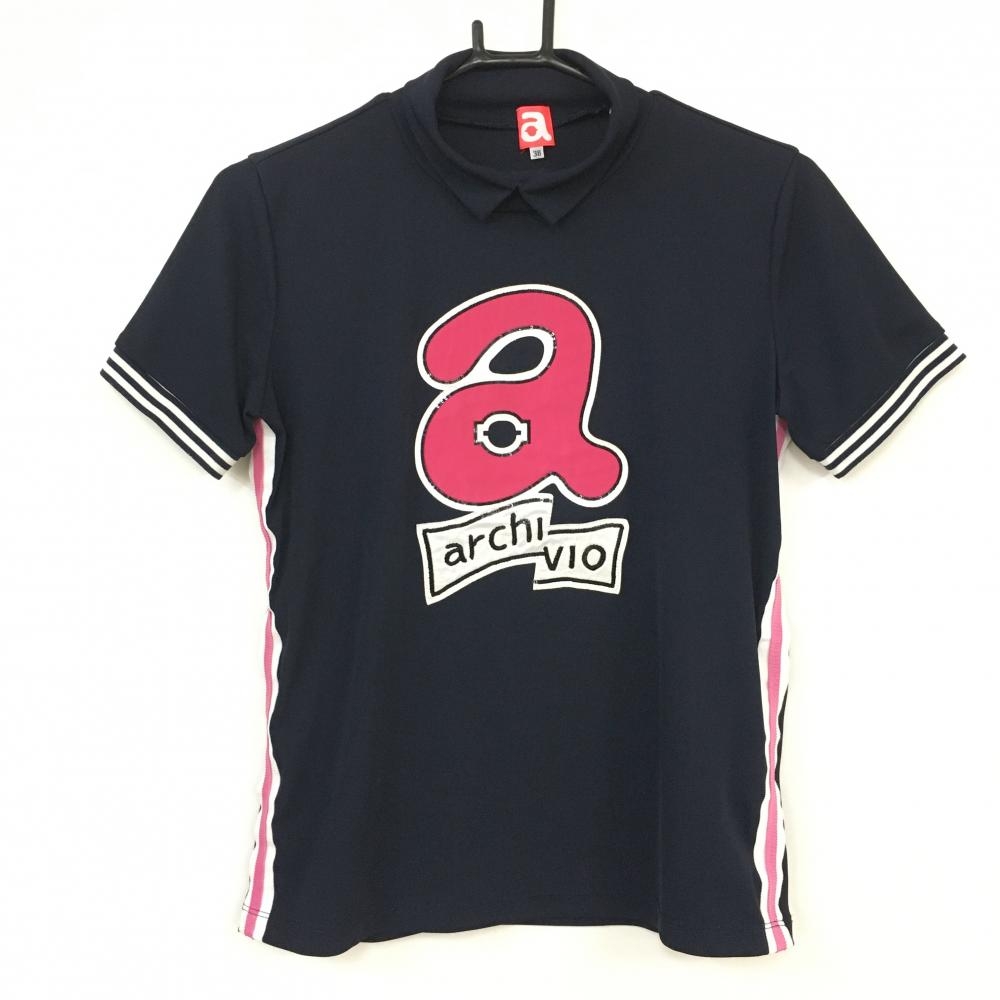 【超美品】archivio アルチビオ 襟付き半袖ハイネックシャツ ネイビー×ピンク サイドライン ビッグロゴ  レディース 38 ゴルフウェア