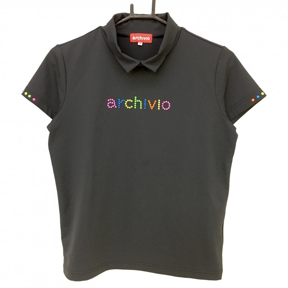 【超美品】アルチビオ 半袖ハイネックシャツ 黒 カラフルロゴ レディース 38 ゴルフウェア 2022年モデル archivio
