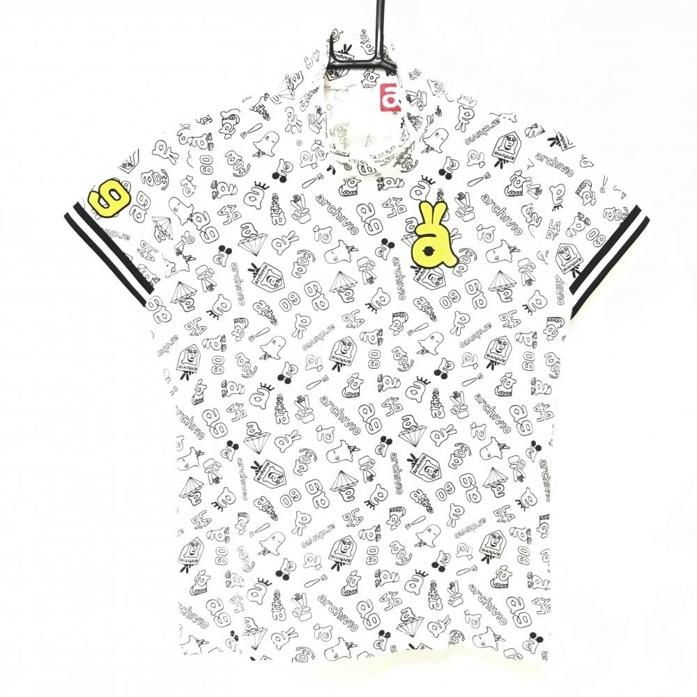 アルチビオ 半袖ハイネックシャツ 白×黒 総柄 後ろハーフジップ  レディース 36 ゴルフウェア archivio