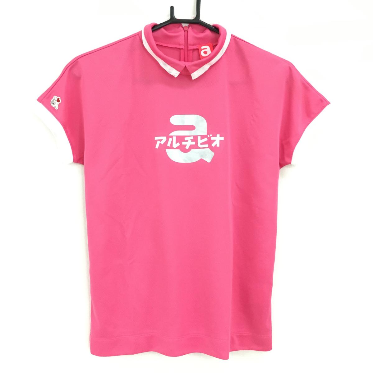 アルチビオ 半袖ハイネックシャツ ピンク×白 後ろハーフジップ ロゴプリント レディース 36(S) ゴルフウェア archivio