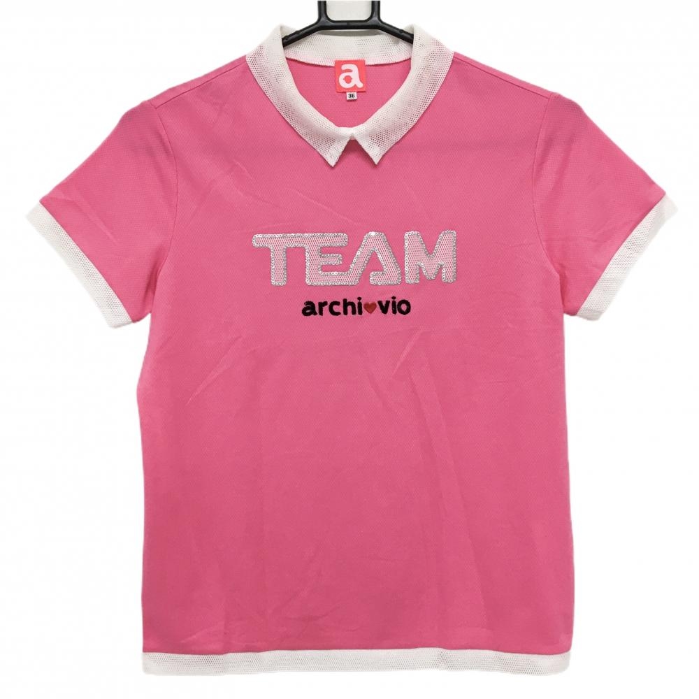 【超美品】アルチビオ 半袖ハイネックシャツ ピンク×白 一部メッシュ  レディース 36(S) ゴルフウェア archivio