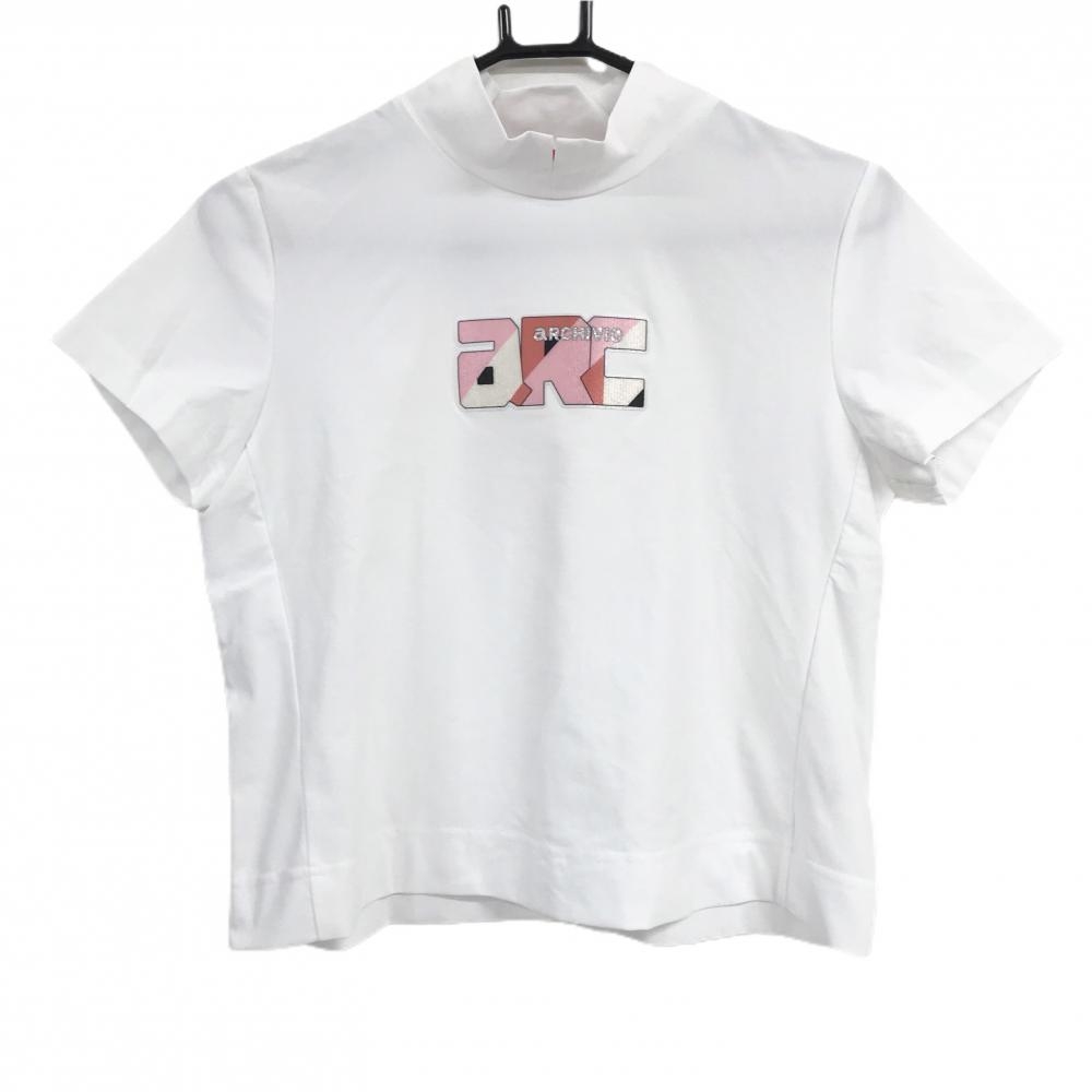 【美品】アルチビオ 半袖ハイネックシャツ 白×ピンク系 後ろスリット  レディース 38(M) ゴルフウェア 2024年モデル archivio