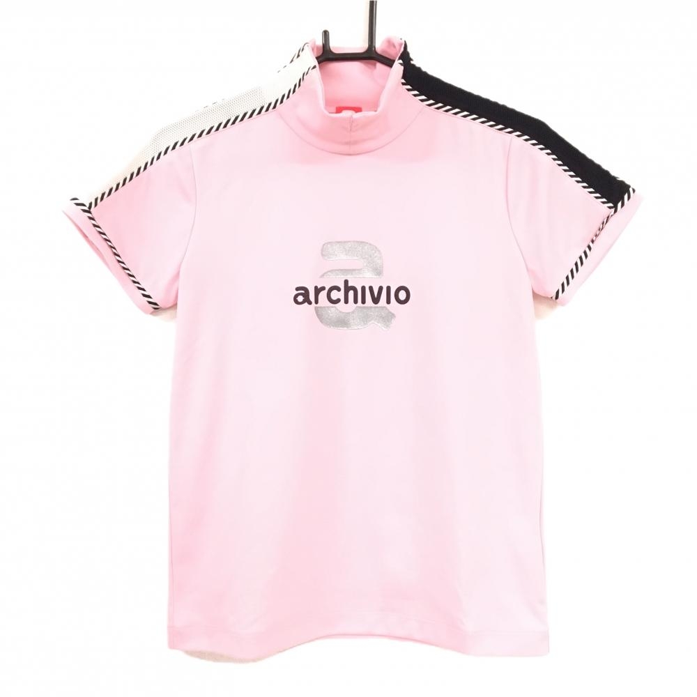 【超美品】アルチビオ 半袖ハイネックシャツ ピンク×黒 肩ライン フロントロゴ ストレッチ レディース 38(M) ゴルフウェア archivio