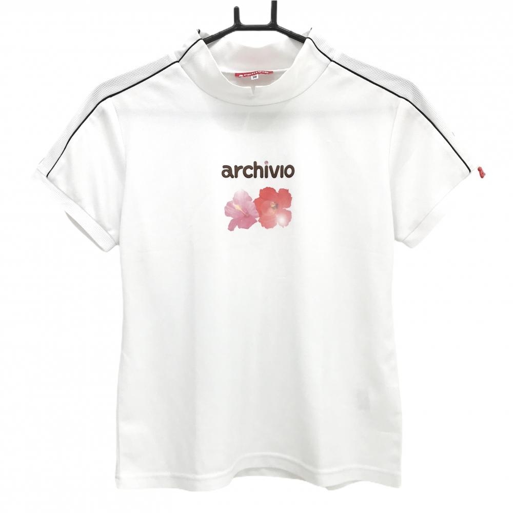 アルチビオ 半袖ハイネックシャツ 白×ピンク ハイビスカス 袖ライン レディース 38(M) ゴルフウェア archivio