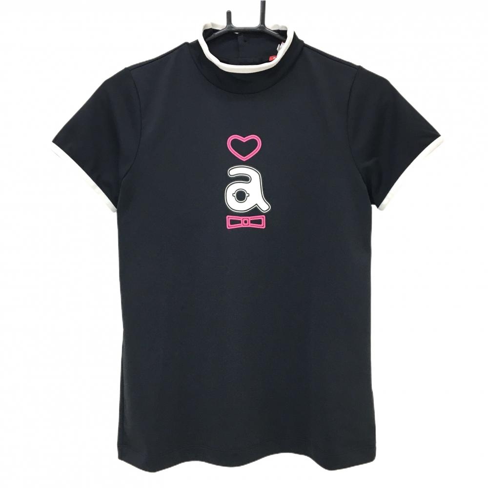 【美品】アルチビオ 半袖ハイネックシャツ 黒×白 フロントロゴ  レディース 38(M) ゴルフウェア archivio