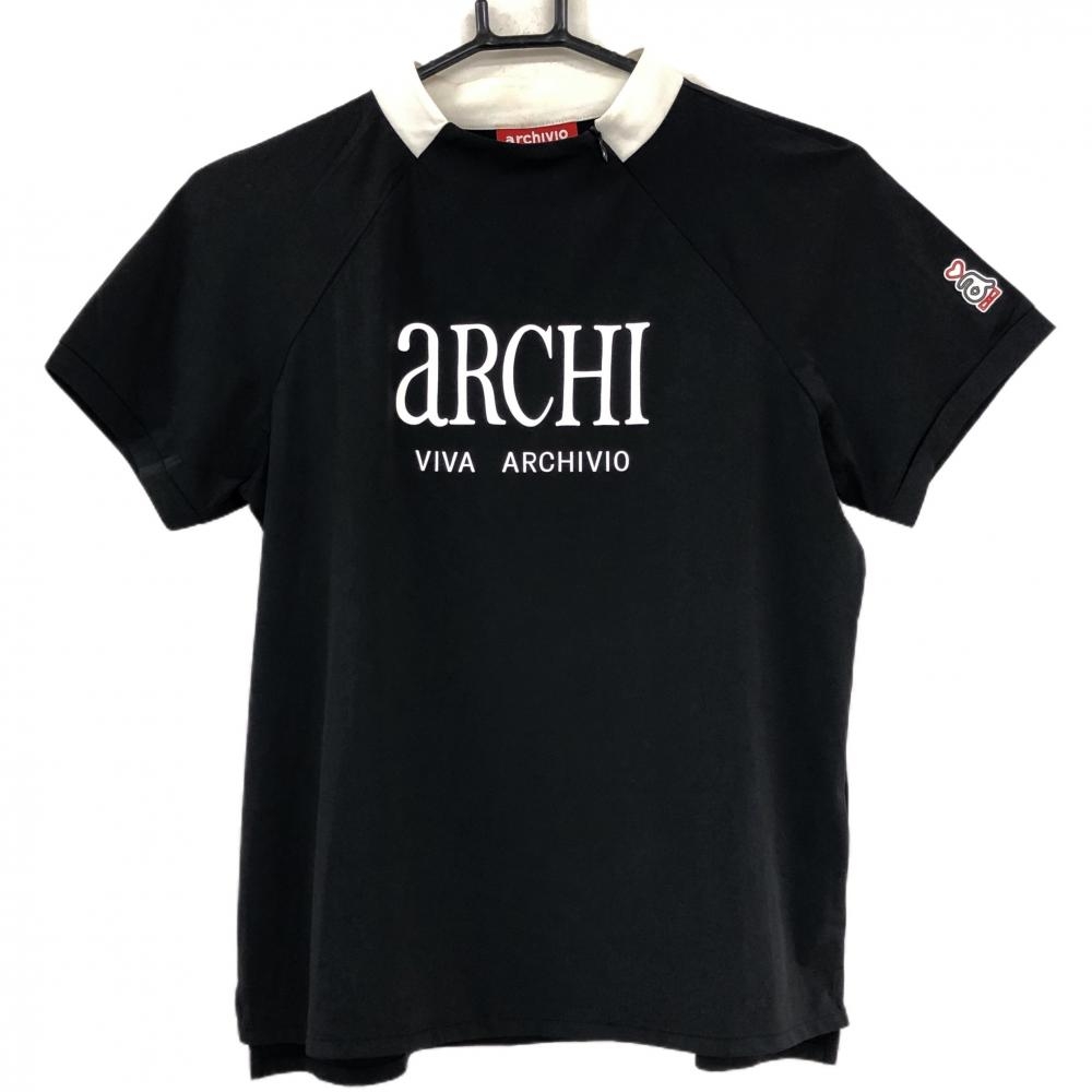 アルチビオ 半袖ハイネックシャツ 黒×白 ナイロン混 肩付近ハーフジップ レディース 38(M) ゴルフウェア archivio
