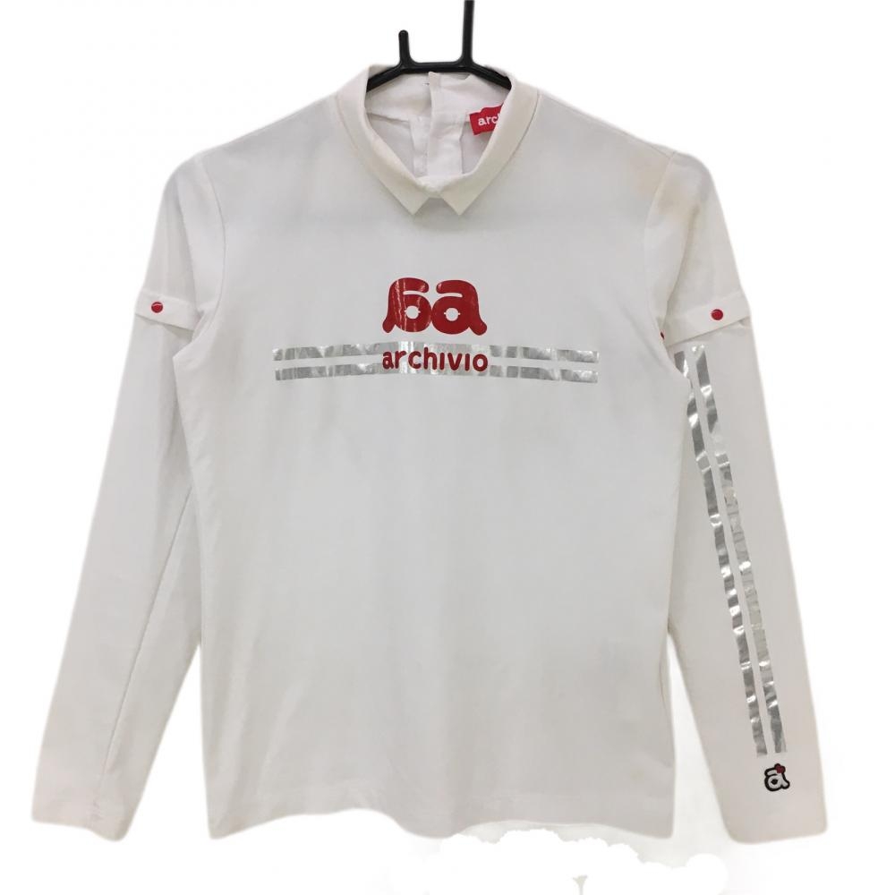 アルチビオ 2WAY長袖ハイネックシャツ 白×レッド ラインシルバー 袖着脱可 レディース 36(S) ゴルフウェア 2022年モデル archivio