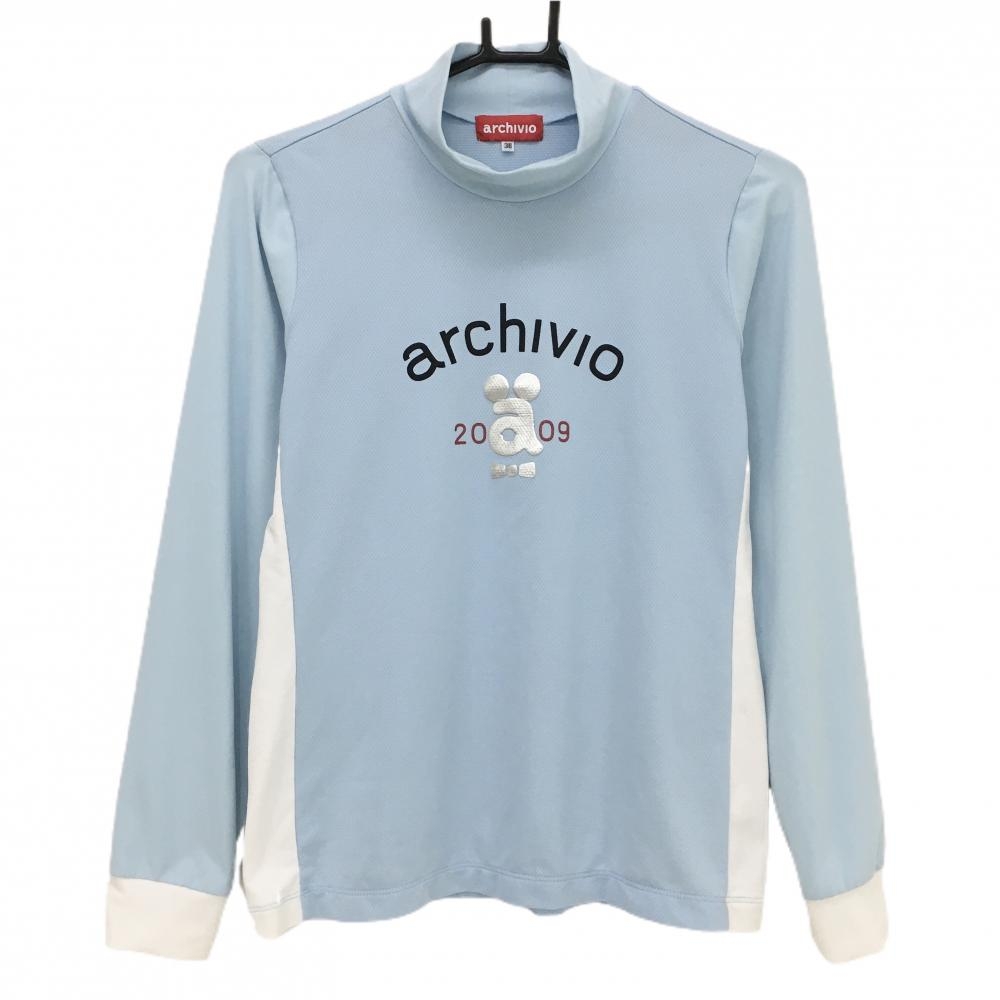 アルチビオ 長袖ハイネックシャツ ライトブルー×白 ロゴシルバー レディース 38(M) ゴルフウェア archivio