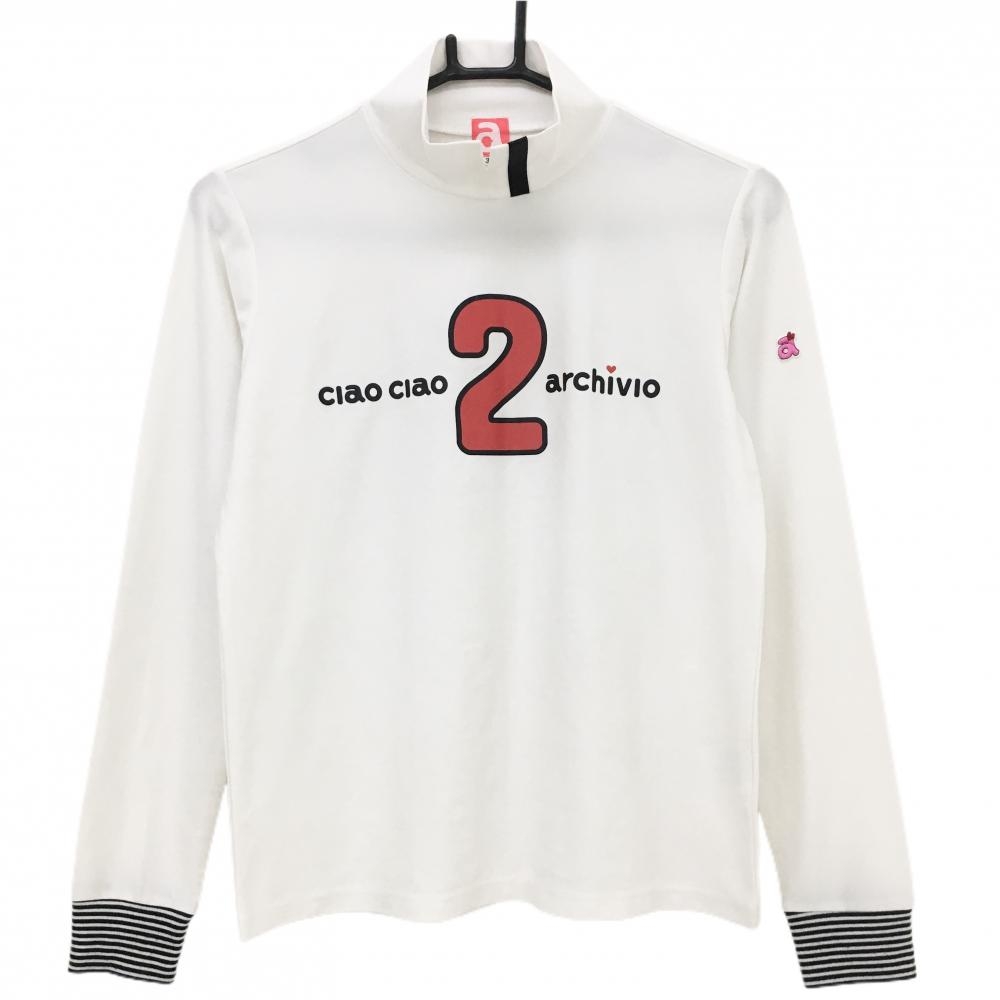 【美品】アルチビオ 長袖ハイネックシャツ 白×レッド 袖口ボーダー ネック一部ライン レディース 36 ゴルフウェア archivio