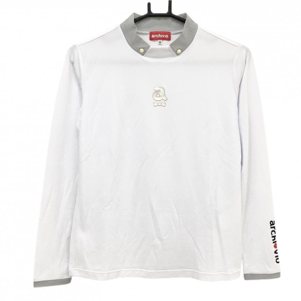 【超美品】アルチビオ 長袖ハイネックシャツ 白×グレー 一部メッシュ生地 ストレッチ インナー レディース 38(M) ゴルフウェア archivio